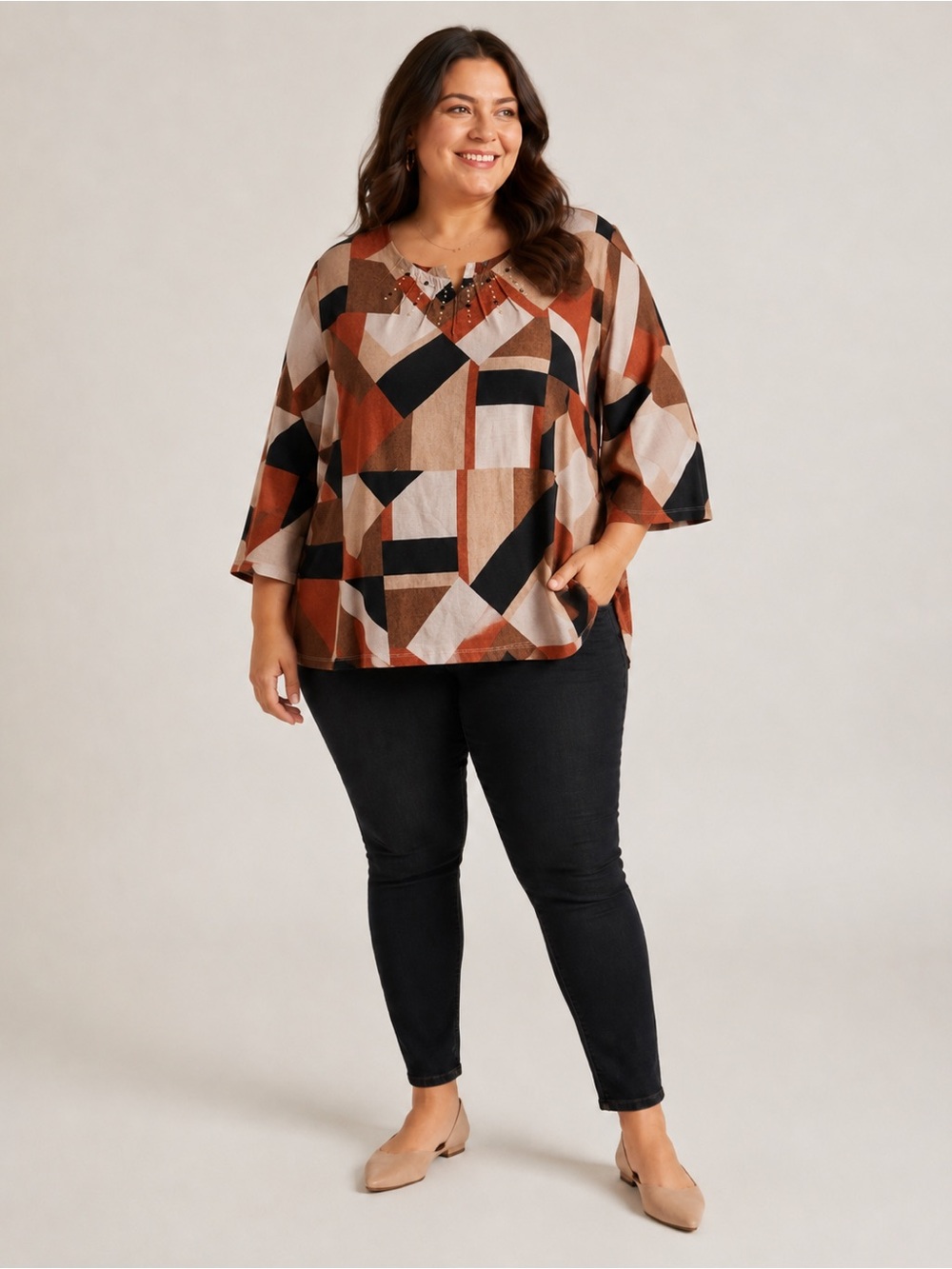 Alfred Dunner Multicolor Geometric Long-Sleeve V-Neck Top